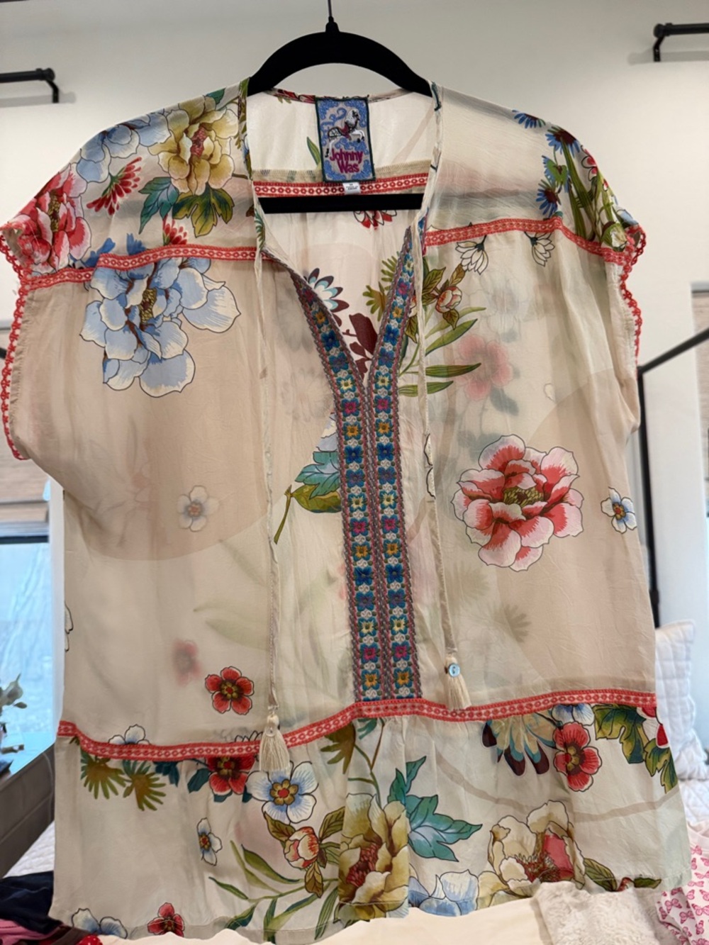 Johnny Was Cream Floral Sheer Embroidered Peasant Blouse